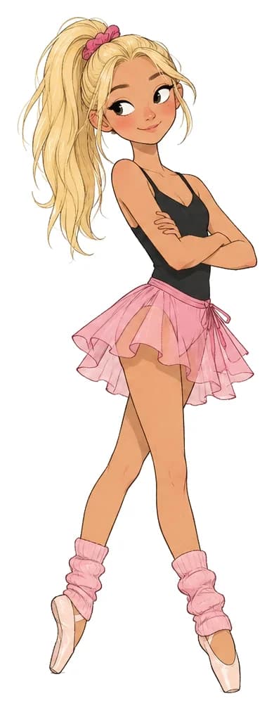 El, a blonde ballerina in a black leotard, pink skirt and leg warmers