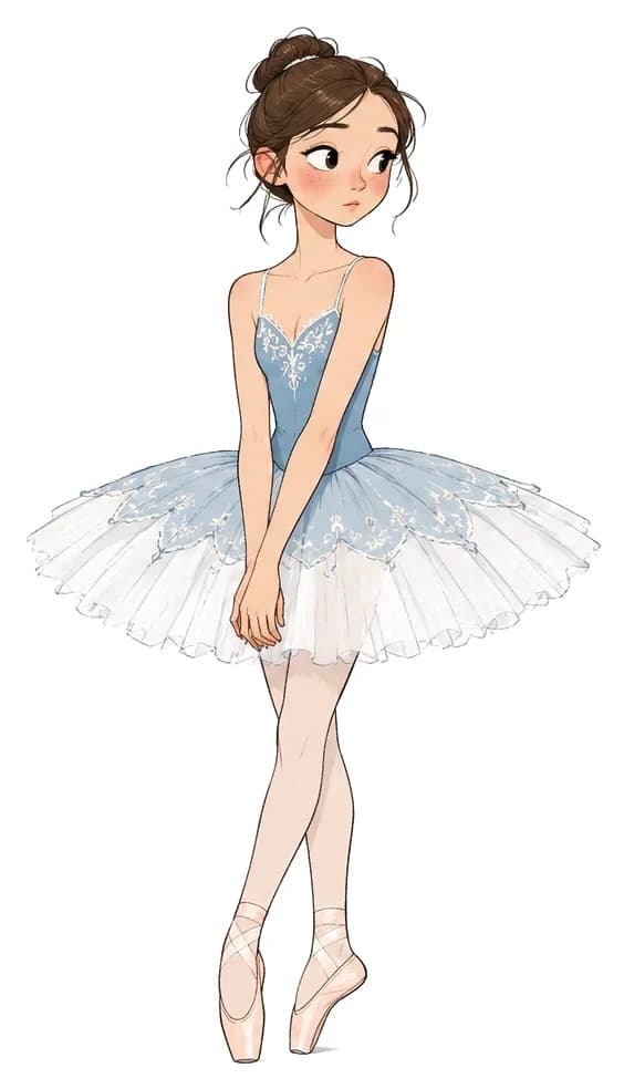 Ev, a brunette ballerina in a powder-blue classical tutu
